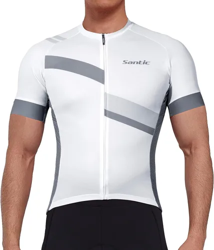 Vista 5 de Santic Camiseta de ciclismo para hombre, manga corta, camiseta de ciclismo de carretera, con cremallera completa, UPF 50+, MTB con bolsillos