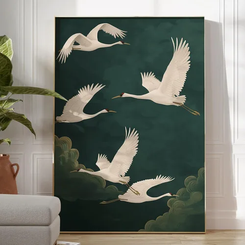 Vista 17 de Arte de pared de grúa blanca, póster de pájaros voladores, pintura abstracta verde, arte de grúa voladora, arte de pared de aves costeras, póster