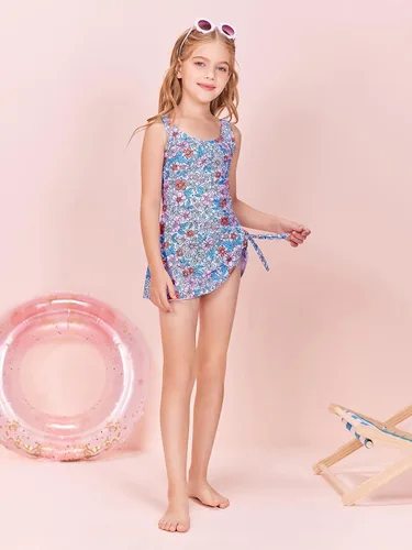 Vista 5 de Conjunto de traje de baño tankini para niñas, de dos piezas, estampado y parte inferior de bikini de 5 a 14 años
