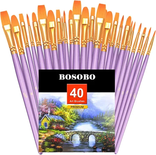 Vista 10 de BOSOBO Juego de pinceles de pintura, 10 pinceles de punta redonda puntiaguda, pinceles de nailon para artistas de cabello acrílico, acuarela