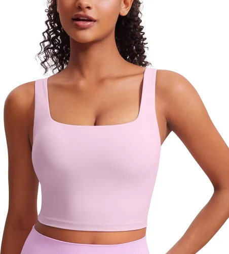 Vista 24 de CRZ YOGA Butterluxe Square Neck Crop Tank Top Brasier integrado, soporte ligero, almohadillas extraíbles, yoga, extremadamente suave, tirantes
