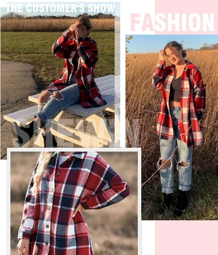 Vista 5 de SHEWIN - Camisas de franela, de manga larga, a cuadros, con solapa y botones para mujer