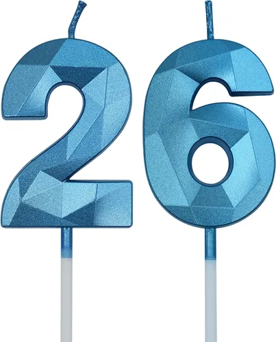 Vista 10 de Velas de cumpleaños número 26 y 62 para pastel, velas doradas con forma de diamante 3D con forma de diamante, decoraciones de cumpleaños