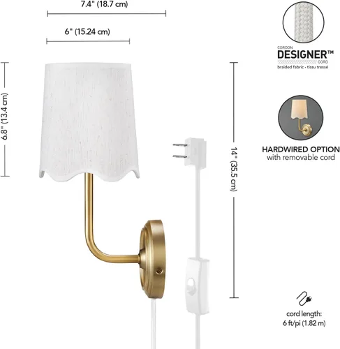 Vista 4 de Novogratz x Globe - Aplique de pared de 1 luz, cable rígido o enchufable, latón mate, pantalla de tela blanca, interruptor basculante en línea