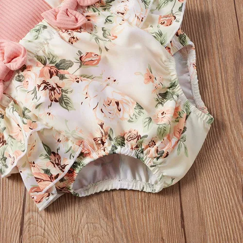 Vista 6 de CIYCUIT Ropa de verano para niña recién nacida camiseta acanalada con volantes florales pantalones cortos con tirantes trajes de diadema