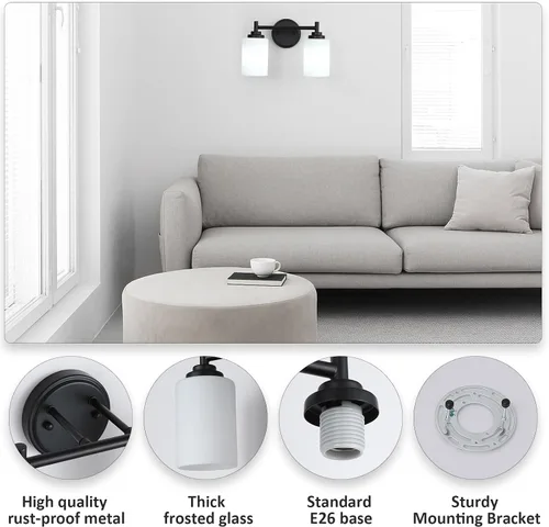 Vista 3 de Lámpara de baño negra mate, 2 luces para tocador de baño con pantalla de vidrio esmerilado blanco, modernos apliques de pared para dormitorio