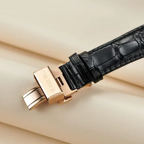 Vista 7 de OBLVLO Relojes de lujo de oro rosa para hombre esfera de esqueleto relojes automáticos correa de cuero VM-1