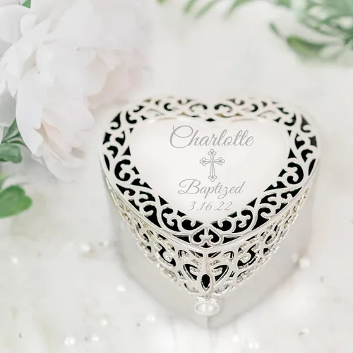 Vista 6 de Cherished Moments - Joyero personalizado con forma de corazón de filigrana Plata-Bautismo
