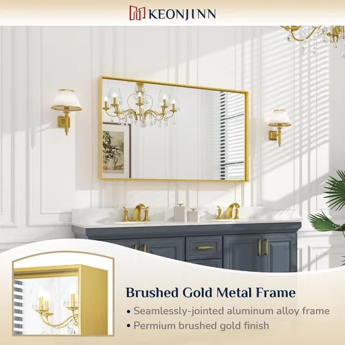 Vista 5 de Keonjinn Espejo de baño dorado de 48 x 30 pulgadas, espejo de pared de baño con borde dorado grande cepillado para sobre el fregadero, espejos