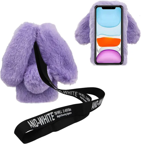 Vista 8 de 3D Bunny Ears Plush Case for iPod Touch 5/6 / 7 with Crossbody Strap, Winter Warm Handmade Bling Diamond Soft Rabbit Fluffy Furry Fur Shockproof