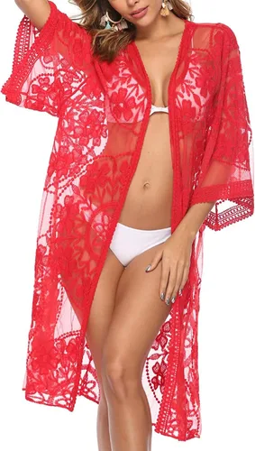 Vista 6 de Cárdigan de Encaje para Mujer de Crochet Floral Transparente Cobertor de Playa Kimono Largo Abierto