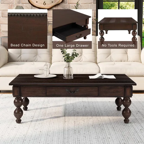 Vista 4 de Homora Mesa auxiliar rectangular de madera con cajón de almacenamiento, mesa de cóctel vintage con patas de madera maciza en forma de calabaza, mesa
