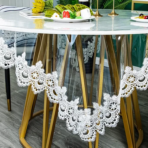 Vista 10 de Jeloris Mantel redondo de plástico transparente de vinilo PVC impermeable con borde de encaje bordado, cubierta de mesa transparente para cocina