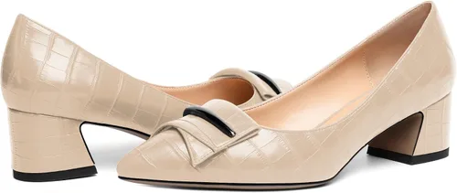 Vista 4 de YODEKS Zapatos de tacón grueso para mujer, tacón de bloque bajo, punta puntiaguda, zapatos de tacón para el trabajo, casual, vida diaria, fiesta