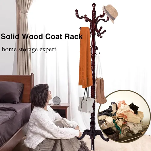 Vista 2 de Perchero de madera independiente, colgador de árbol de pasillo con ganchos de resina, perchero ajustable y resistente para colgar ropa, bolsas