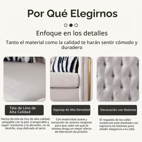 Vista 4 de Sofá moderno para sala de estar, sofá tapizado de lino de 84 pulgadas con botones copetudos, 2 almohadas y patas de metal, muebles decorativos