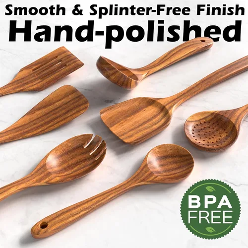 Vista 4 de Juego de utensilios de cocina de teca natural con soporte, cucharas de madera para cocinar, juego de 10 espátulas de cocina con soporte