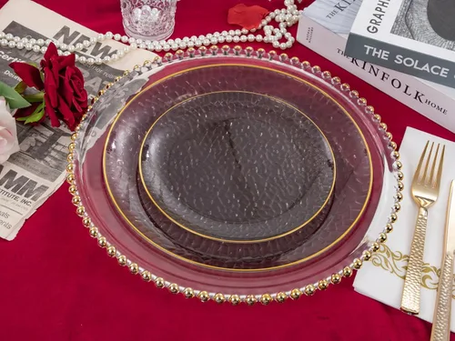 Vista 8 de Hioasis 60 piezas de platos de plástico negro - Juego de vajilla desechable con borde dorado, martillado, resistente, adecuado para 30 invitados