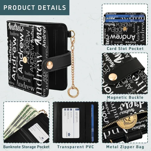 Vista 5 de Sinestour Custom Black pattern Small Wallet for Women RFID Blocking Leather Bifold Small Purse with Card Holder Zipper Coin Pocket ID Window