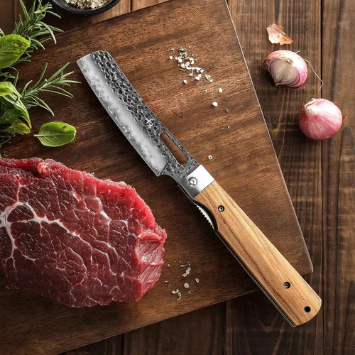 Vista 5 de SENBON Cuchillo de chef plegable de bolsillo súper afilado 440A forjado, cuchillo práctico, cuchillo de fruta, mango de oliva natural, para acampar