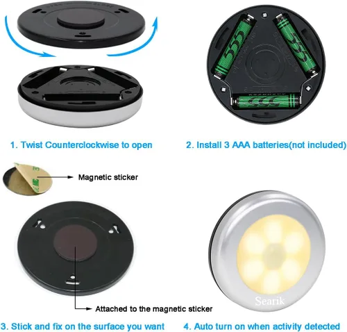 Vista 3 de 6 piezas de luz nocturna con sensor de movimiento para interiores, inalámbrica, funciona con pilas, luces de paso inalámbricas para debajo