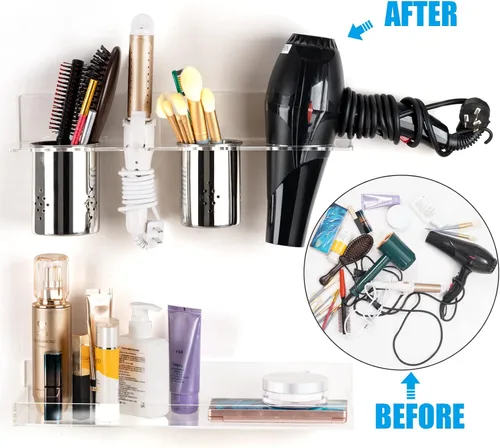 Vista 3 de Organizador de herramientas para el cabello, montaje en pared, juego de 2 soportes acrílicos para secador de pelo, organizadores de tocador de baño