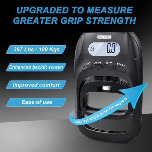Vista 8 de Handeful Digital Grip Strength Tester, dinamómetro de mano de 397 libras, negro 397 lb Capacity; 0.2 lb Increments; 19 Memory Records; Adjustable
