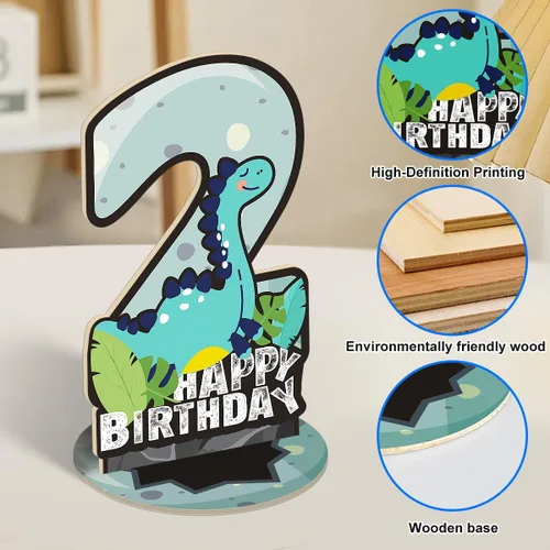 Vista 3 de Juego de 3 piezas de dinosaurios con signo de número de 2º cumpleaños, decoración de mesa de dinosaurios para niños y niños de 2º cumpleaños