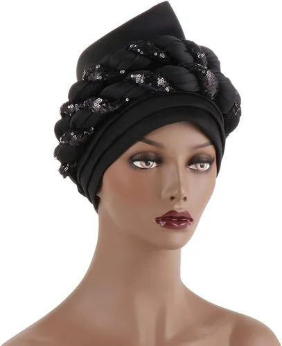 Vista 2 de JDYaoYing Turbante de lentejuelas musulmanas trenzadas para mujer, turbante para fiestas, gorro de pelo