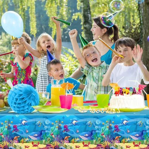Vista 6 de Tiamon Paquete de 1 mantel de fiesta marina, animales del océano, criaturas submarinas, cubierta de mesa para decoración de fiesta de cumpleaños, 54