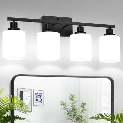 Vista 23 de MOKATNG Juego de 2 apliques de pared para baño, luces de tocador modernas negras con pantalla de vidrio blanco, lámpara de pared de baño