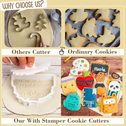 Vista 3 de Juego de cortador de galletas de regreso a clases con sellos de émbolo, 11 piezas, regalos de cocina, cumpleaños, vacaciones, ácido poliláctico 3D