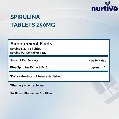 Vista 2 de Tabletas de espirulina azul – 250 mg por porción diaria, superalimento de ficocianina, 120 tabletas, 2 tabletas por día – Suministro de 2 meses