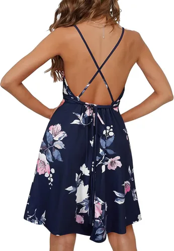 Vista 3 de OUGES Vestido casual de verano con cuello en V y tirantes delgados ajustables para mujer sin espalda con bolsillos