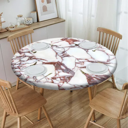 Vista 3 de Mantel redondo ajustable con patrón de mármol, borde elástico, adecuado para catering y cocina, se puede limpiar para mesas redondas de comedor