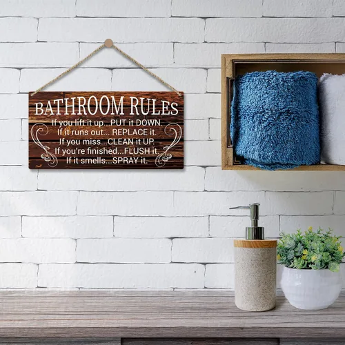 Vista 5 de Letrero de advertencia de reglas de baño, placa de madera impresa de 10 x 5 pulgadas, decoración de madera para colgar en la puerta, decoración