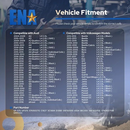 Vista 7 de ENA Juego de 5 bobinas de encendido 2005 2006 2007 2008 2009 2010 2011 2012 2013 2014 compatibles con Volkswagen VW Jetta Rabbit Beetle Passat Golf