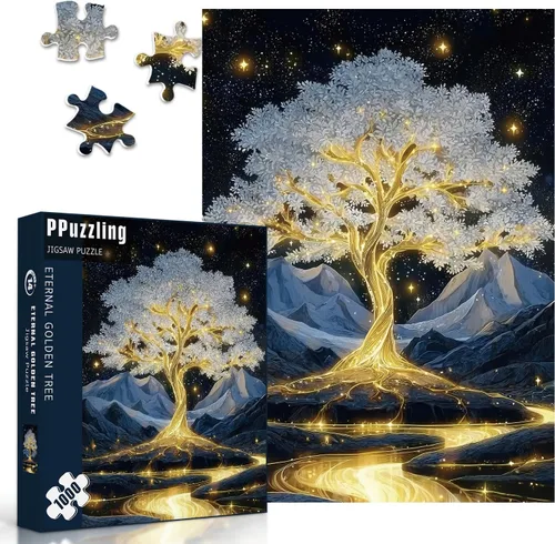 Vista 2 de Rompecabezas de árbol de la vida dorado para adultos de 1000 piezas, rompecabezas de paisaje de árbol brillante de fantasía con montañas de cielo