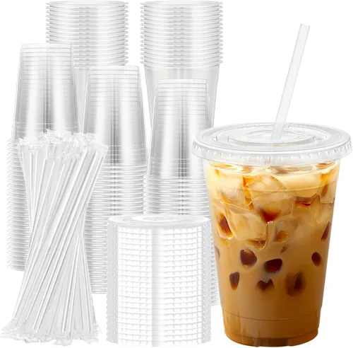 Vista 10 de Lamosi Paquete de 100 vasos de plástico transparente de 12 onzas con tapas y pajitas, tazas de café de plástico desechables con tapas para café