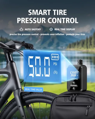 Vista 5 de Bomba eléctrica para bicicleta, bomba de aire de inflado rápido con medidor, hasta 150 PSI, disipación de calor eficiente, recargable, con luz LED