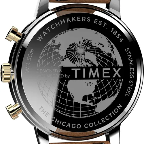 Vista 5 de Timex Reloj Chicago Chronograph 1.772 in para hombre - Esfera azul de dos tonos con correa de cuero marrón