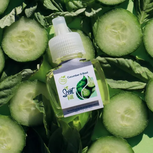 Vista 7 de Scent Fill Ambientador enchufable 100% natural de pepino y albahaca, recargas de aceite perfumado, paquete de 3 recargas