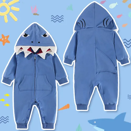 Vista 4 de ALLAIBB Disfraz de tiburón para bebé, mameluco de algodón, lindo overol con capucha para bebés, niños y niñas de 3 a 24 meses Azul