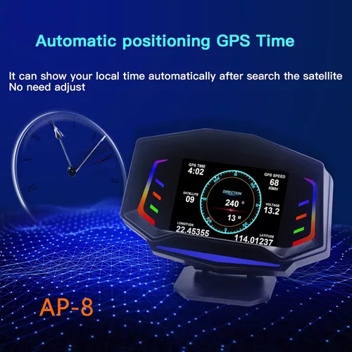 Vista 6 de AP-8 - Pantalla frontal para coche, sistema dual universal OBD2, modo GPS, medidor de pendiente HUD, medidor inteligente multifunción con luz