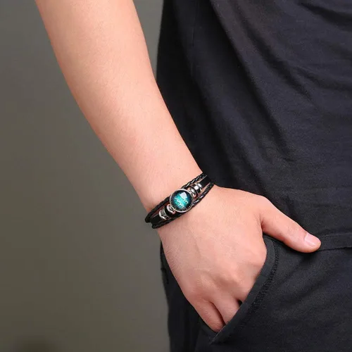 Vista 4 de YANCHUN - Collar y pulsera de cuero modernos con 12 constelaciones del zodiaco astrología galaxia y luna creciente para hombre y mujer juego de 2