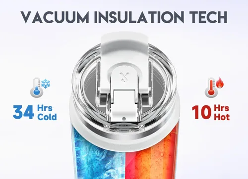 Vista 2 de Meoky Vaso de viaje de acero inoxidable de 40 onzas con asa, taza de viaje de acero inoxidable con tapa para sorber 2 en 1, taza de café aislada al