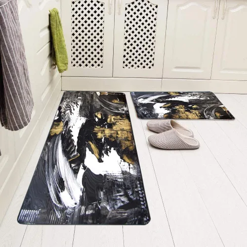 Vista 5 de TOMWISH Juego de 2 alfombras negras para pasillo de cocina, dorado y blanco, antideslizante, acolchado, comodidad vintage, 17 x 48 pulgadas + 17 x