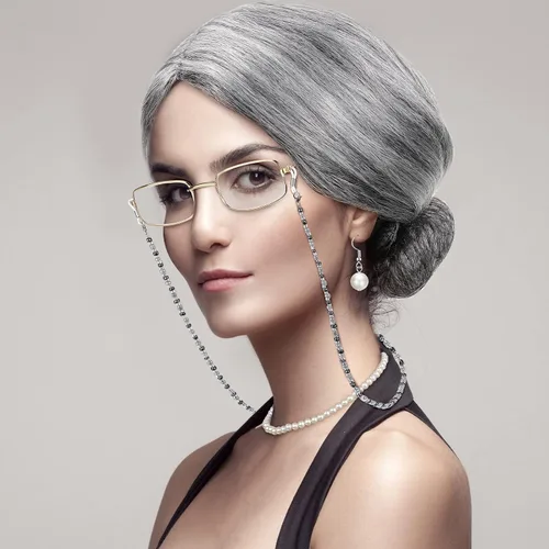 Vista 4 de Yingzhao 13 piezas de disfraz de anciana de 100 días de escuela para mujeres, niños, abuela, abuelita, pelucas de anciana para cosplay (gris oscuro)
