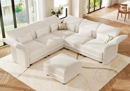 Vista 21 de LLappuil - Sofá seccional en forma de L con almacenamiento, sofás seccionales modulares beige de pana para sala de estar con brazos y respaldos Pana