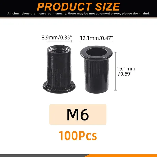Vista 2 de 100 tuercas de remache M6 de acero al carbono negro chapado en zinc tuercas de remache moleteadas cabeza plana remaches roscados tuercas de inserción